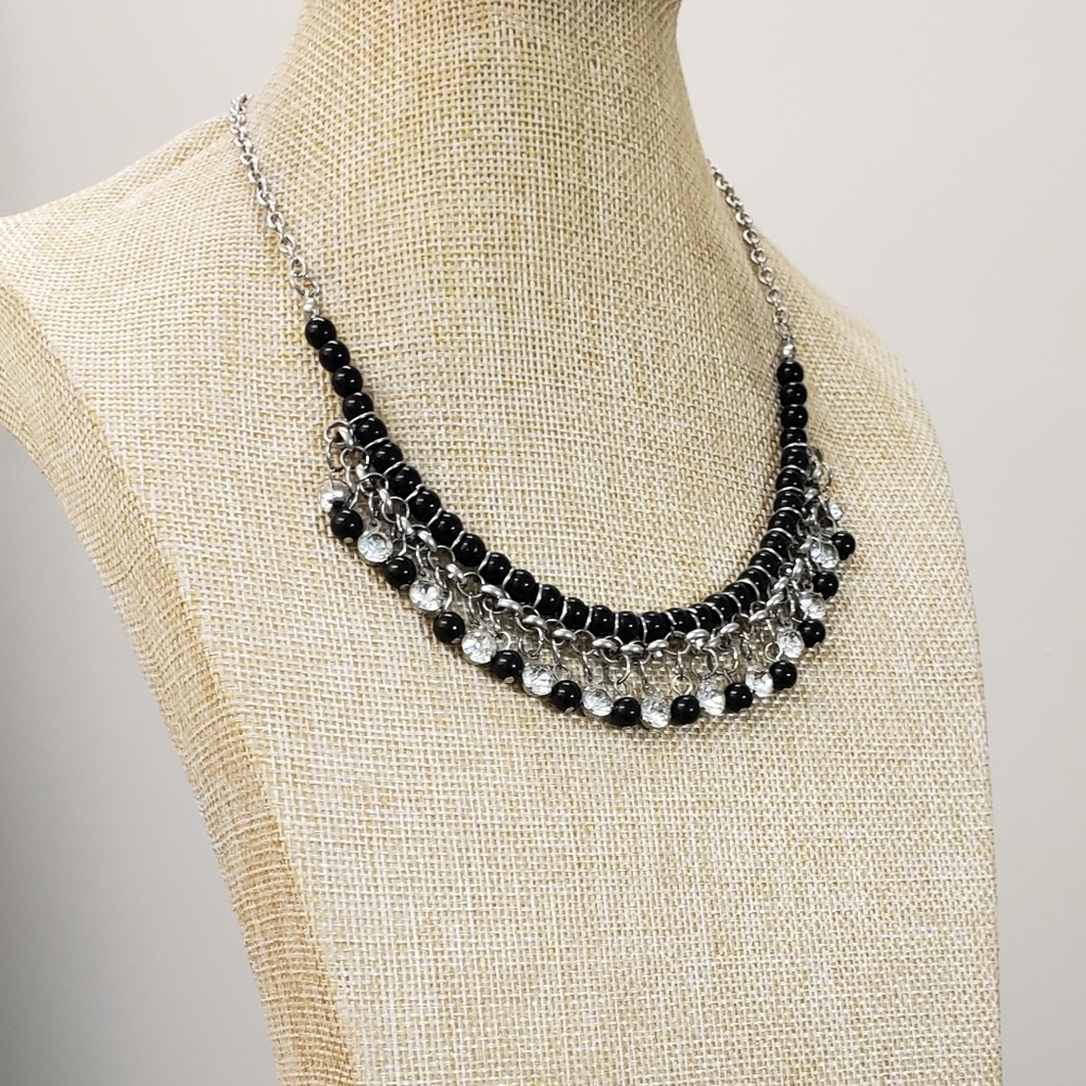 Vintage silver, multi bead, rhinestone jeweled dangle charms statement necklace - Picture 5 of 9